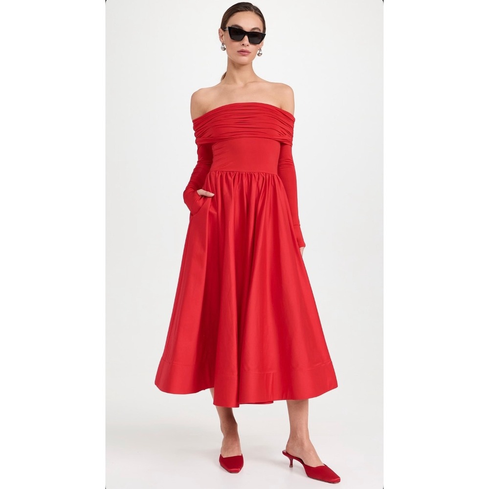 Alice + Olivia Chara Off The Shoulder Ruched Mixed Media Midi Dress Size 4 NWT